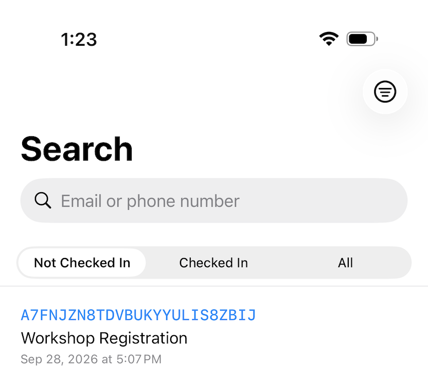 Search tab of the Check-In App, filtered by check-in status