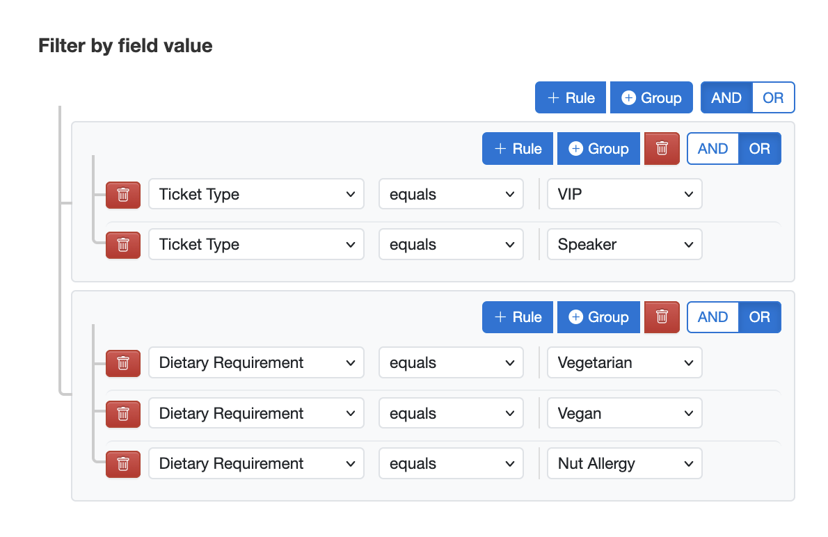 Filter Excel export by ticket type and dietary requirement