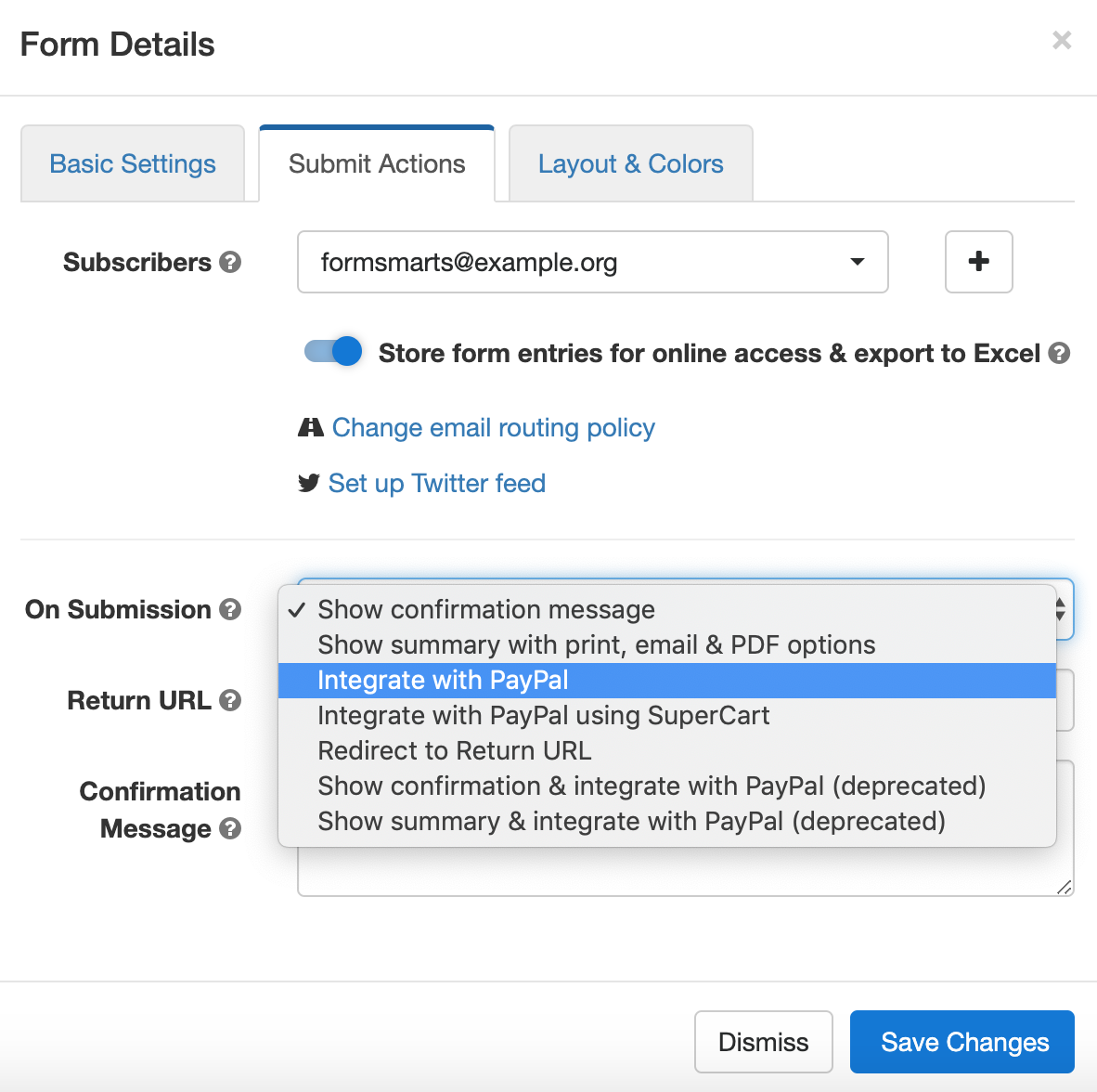 Select Advanced PayPal Integration in the Form Builder