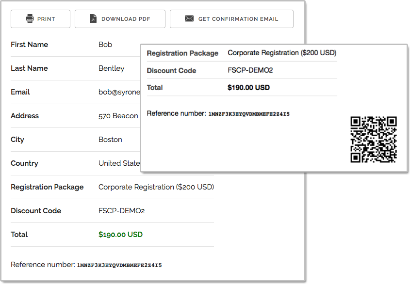 Form's summary page, confirmation email and PDF receipt showing the total amount due