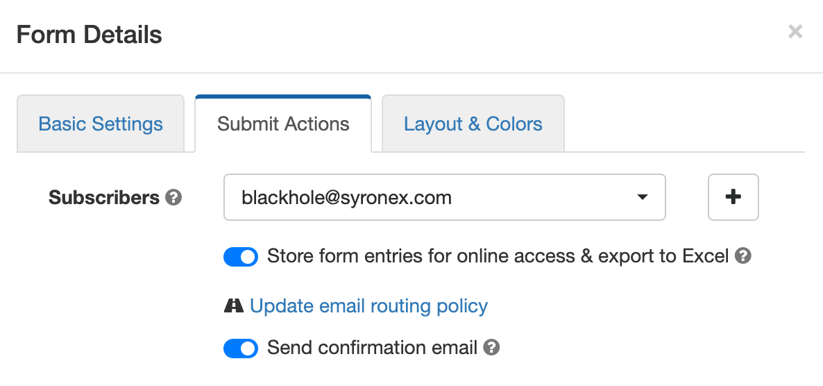 Toggle on form email confirmation in the Submit Actions tab of the Form Builder