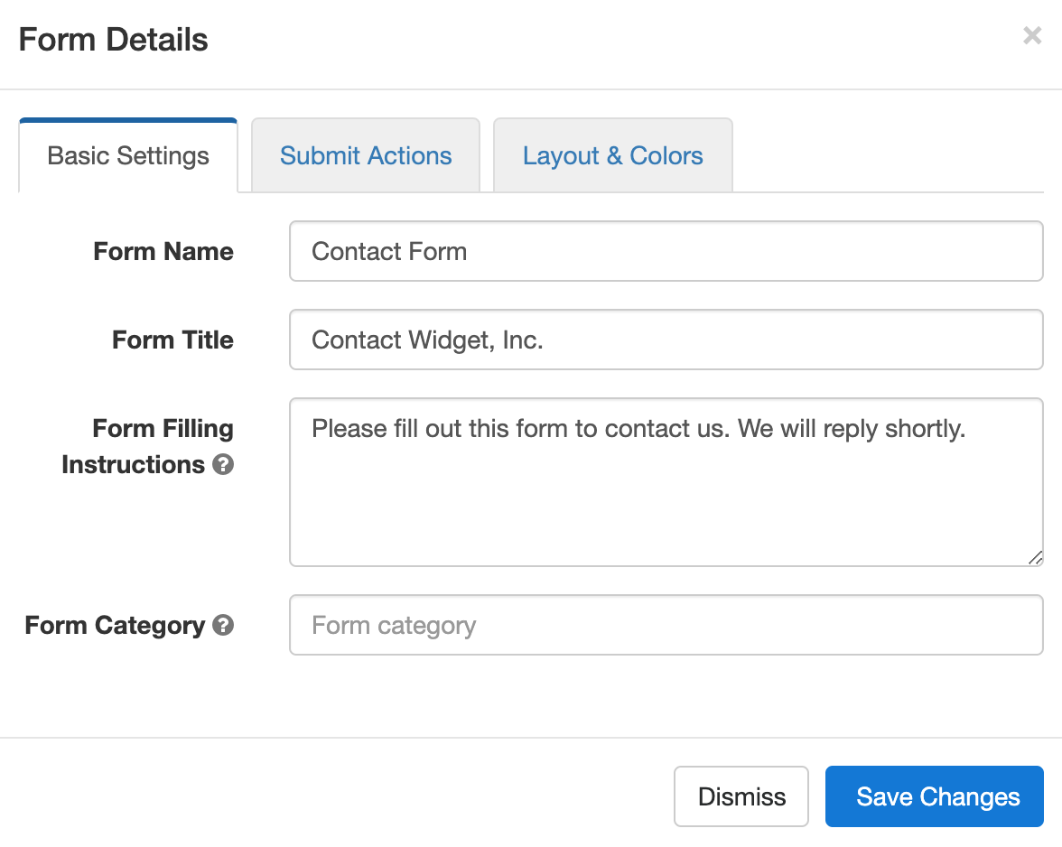 Edit the basic settings of a form in the Form Details screen of the form builder