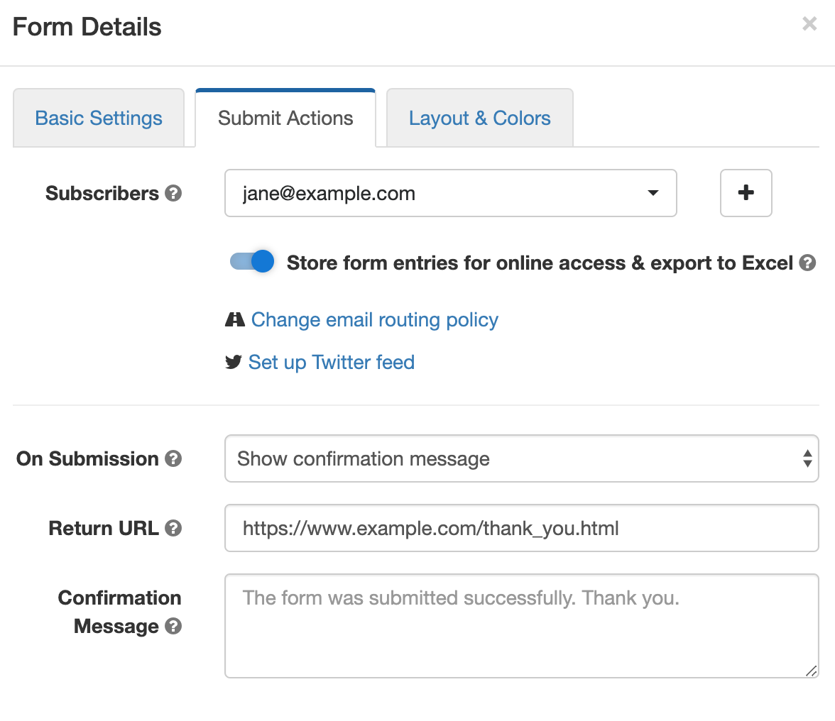 Change actions performed when a form is submitted in Form Details screen of the form builder