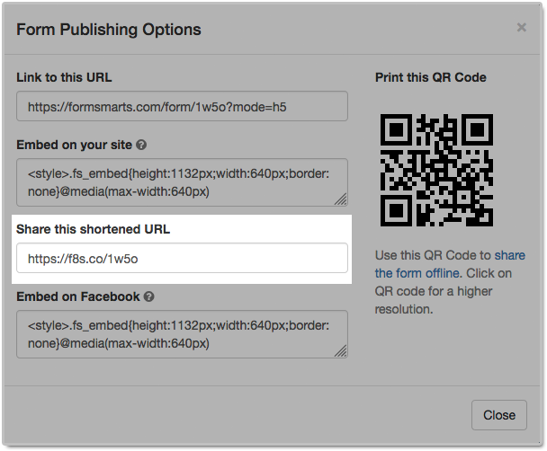 Form Publishing Options screen of the Form Builder