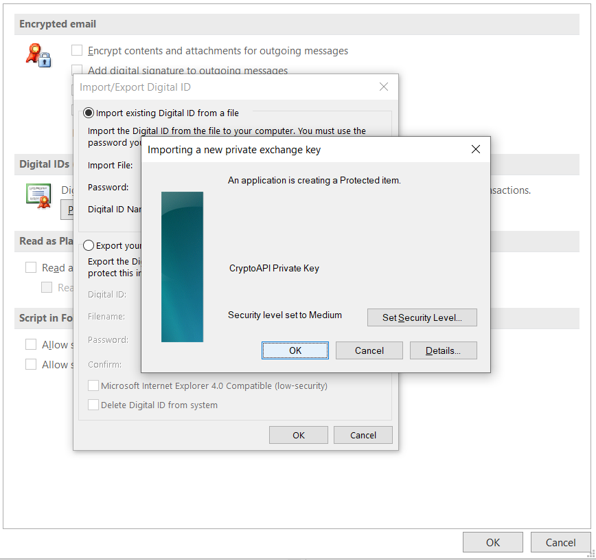 Import the certificate's private key in Outlook