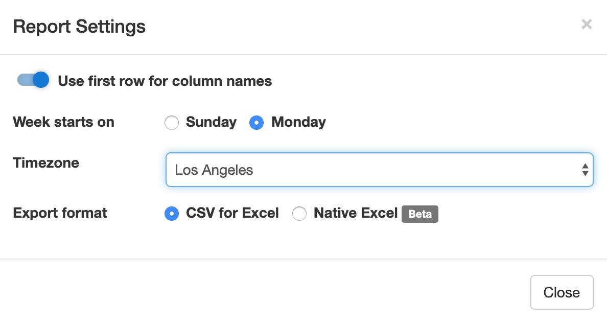 Excel report generator settings