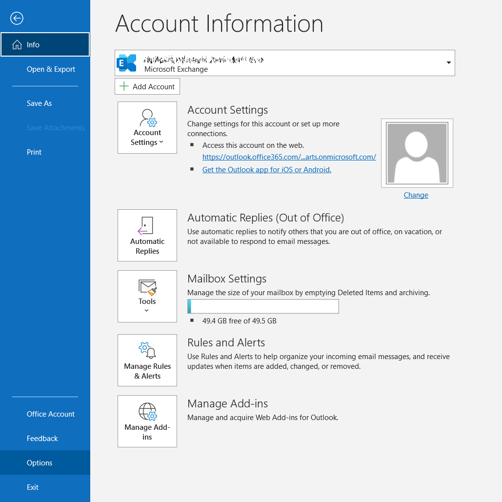 Microsoft Outlook Options menu item