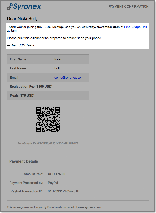 A confirmation email (e-ticket) is sent upon payment