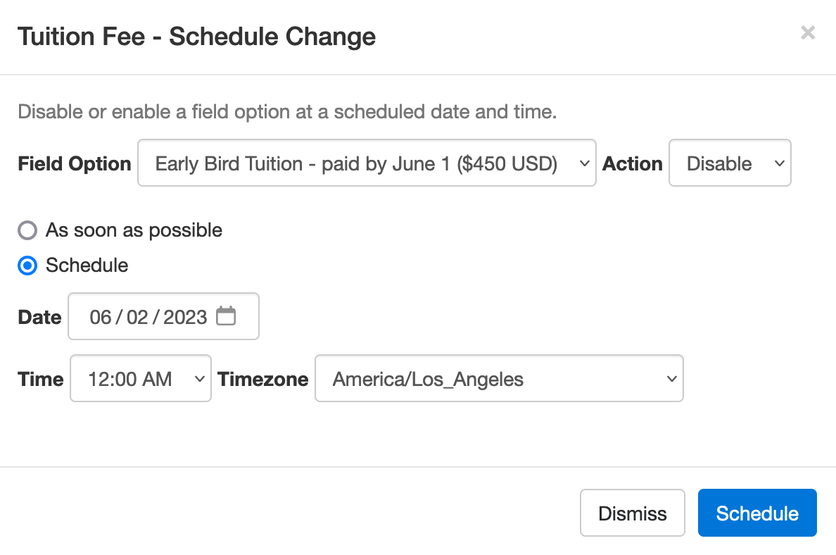 Set up an early bird package expiration date and time